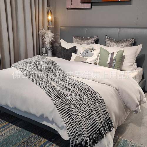 绿色灰色搭配高端展厅样板间床品轻奢软装样板房床上用品搭毯抱枕