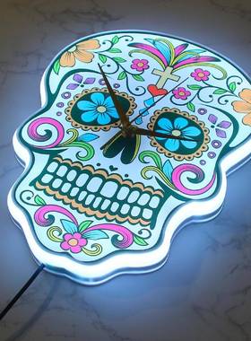 骷髅头LED灯白色外框挂钟花卉骷髅钟万圣节时钟家居装饰墙壁挂钟