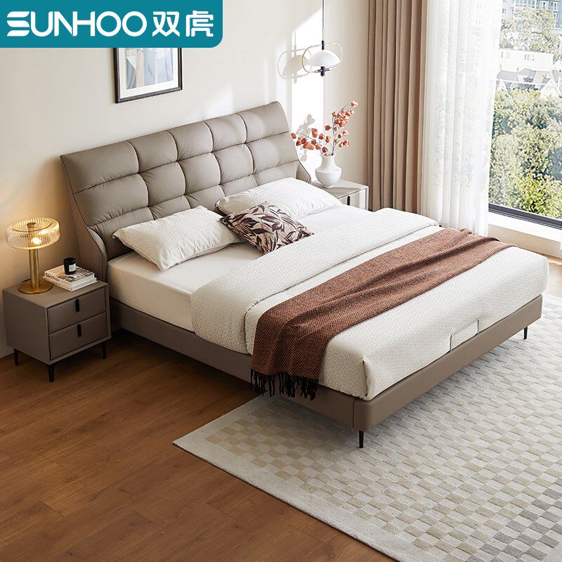 双虎现代简约真皮床主卧大床头层牛皮意式轻奢双人软包齐边床701