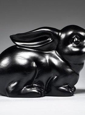 黑色兔子摆件实木雕刻十二生肖木质黑兔客厅电视柜补角装饰工艺品