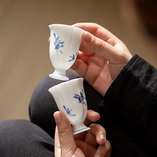 手绘蝴蝶兰高脚茶杯男款陶瓷功夫茶具主人杯家用办公室高端喝茶杯