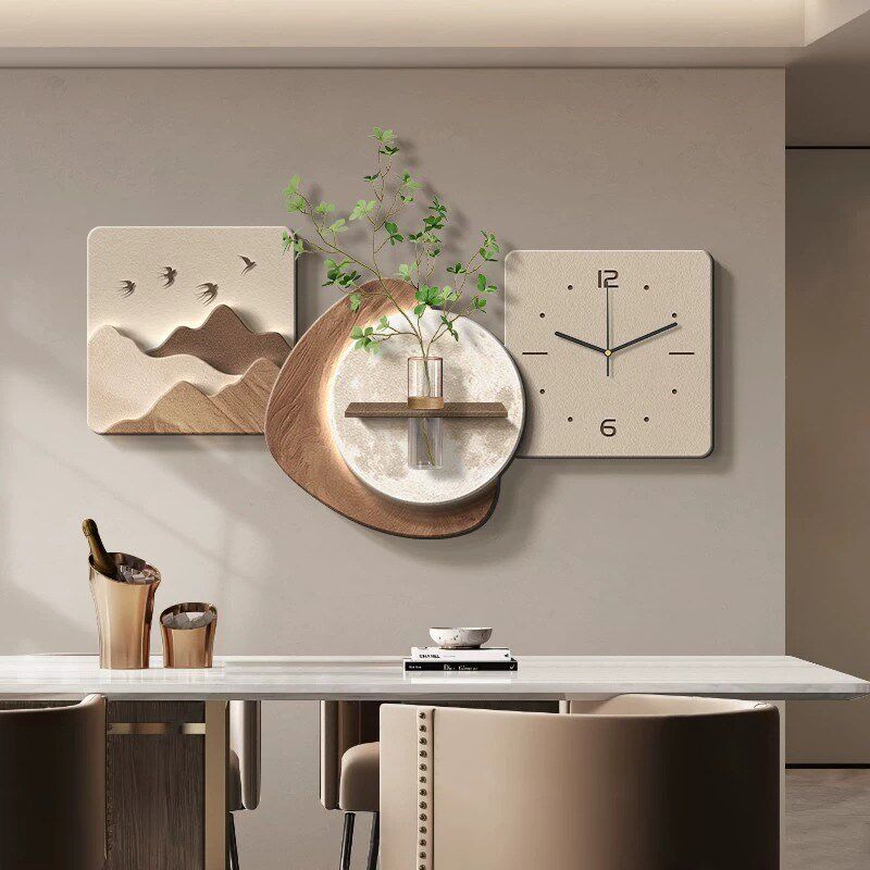 背有靠山餐厅装饰画简约现代餐桌背景墙挂钟钟表客厅水培绿植挂画