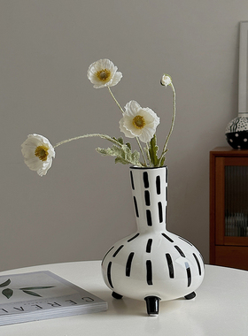 精致矮脚黑线条陶瓷花瓶小众设计感高脚黑白桌面插花大肚花瓶