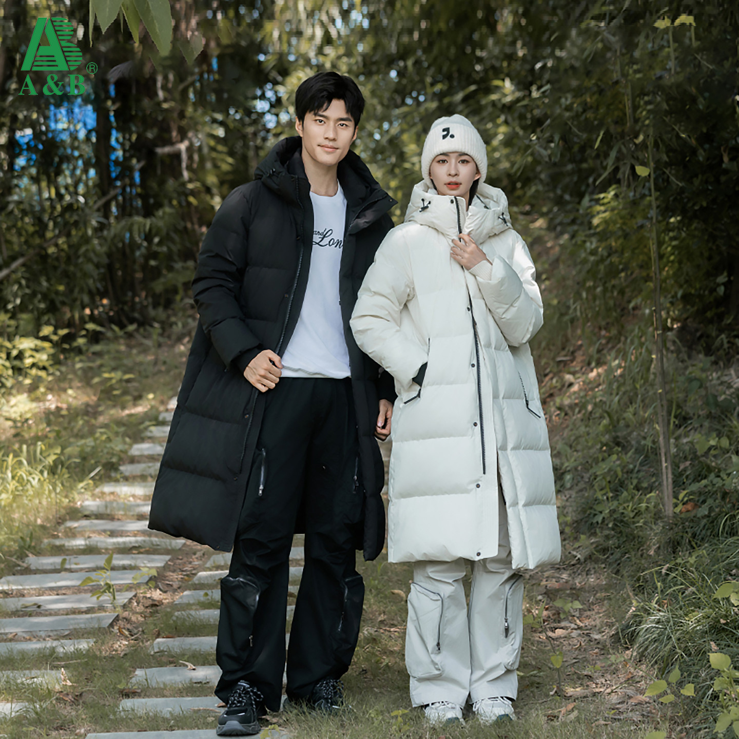 AB 25秋冬新款时尚防风防水保暖中长款男女同款90绒连帽羽绒服