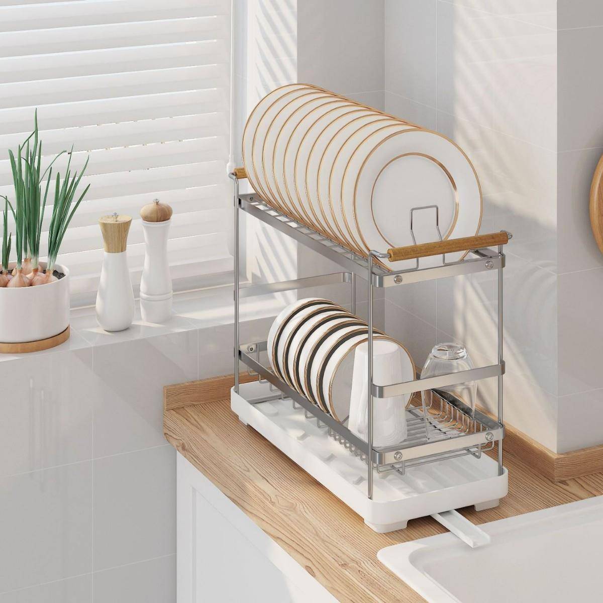 窄款碗碟沥水架厨房置物架不锈钢双层沥水篮沥碗架碗盘筷子收纳架