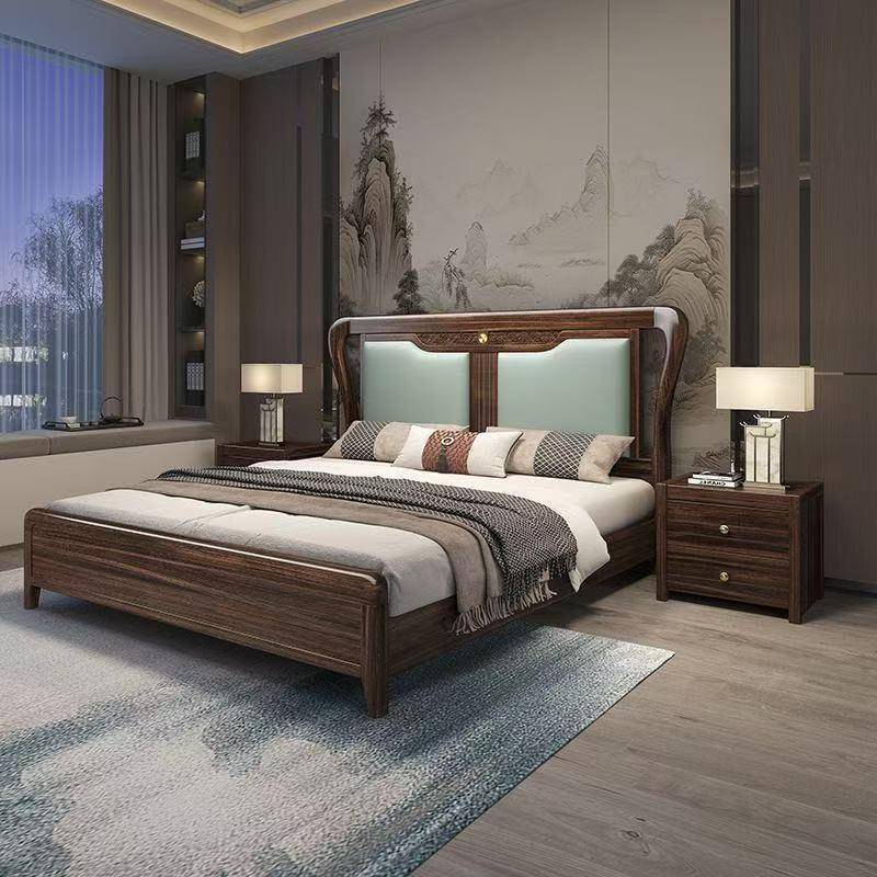 乌金木新中式实木床1.8M主卧中式双人婚床1.5M简约储物软靠实木床