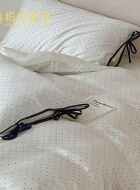 夏季丝滑双面莱赛尔四件套法式波点凉感透气绑带被套床上用品白色