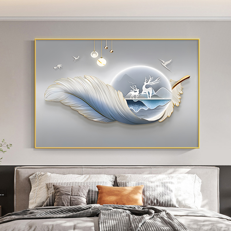 现代简约风格羽毛主题豪华金框墙面装饰画适用于主卧室与卧室床