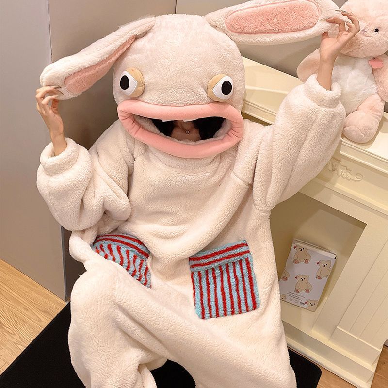 疯狂的兔子连体睡衣男女秋冬季搞怪连帽睡袍珊瑚绒加厚玩偶情侣服