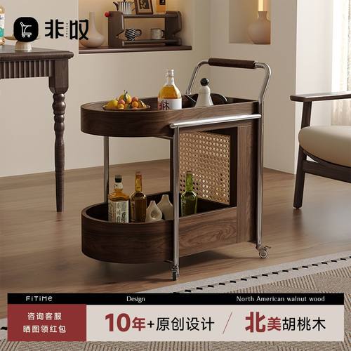 非叹中古风实木边几黑胡桃木藤编小推车收纳客厅可移动沙发小茶几