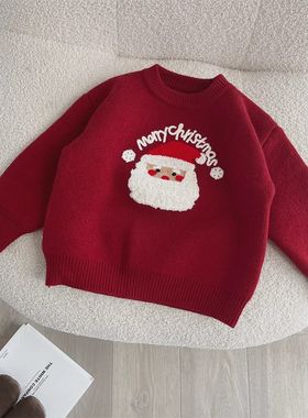 一体绒宝宝红色新年服儿童毛衣半高领春秋童装男女童圣诞打底针织