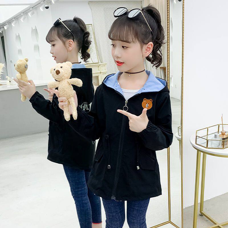 女童春秋款外套2025新款中长款洋气风衣撞色连帽网红中大童上衣