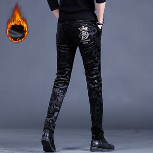 冬季加绒加厚金丝绒男裤韩版印花裤子男士直筒休闲裤弹力百搭西裤