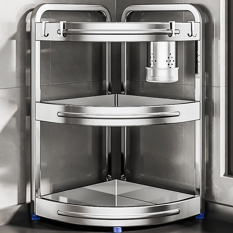 不锈钢厨房转角置物架油盐酱醋三角架调味料用品墙角落地收纳刀架