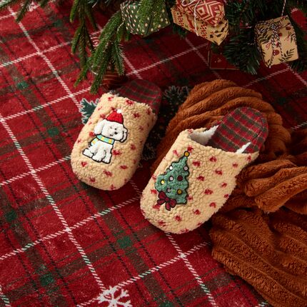 圣诞限定卡通狗狗刺绣加绒保暖盆底棉拖鞋冬季拖鞋拖鞋女款秋冬