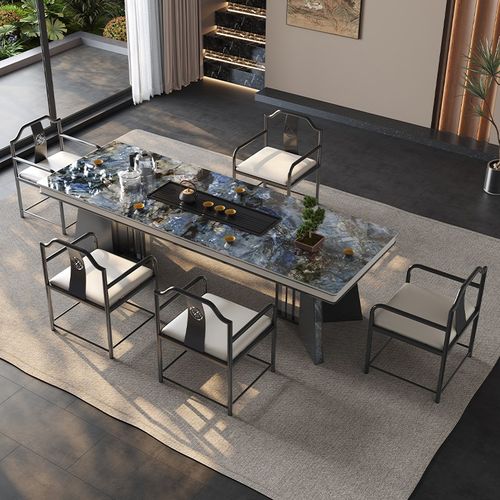 新中式奢石岩板茶台现代轻奢办公桌书桌高级感家用泡茶茶桌椅组合