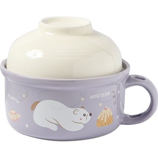 可爱陶瓷泡面碗宿舍学生带盖手柄多功能寝室可微波沥水吃方便面碗