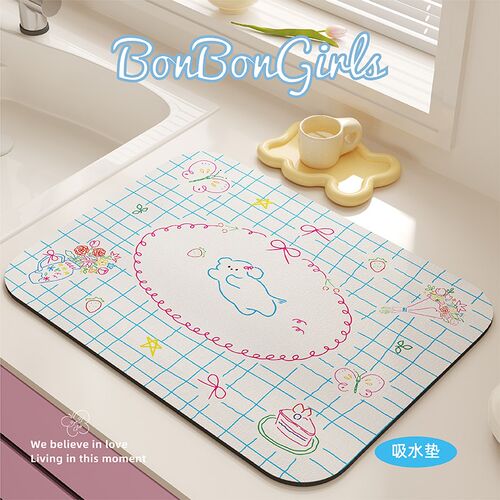 法式插画厨房台面沥水垫硅藻啡吸水机干洗手池咖泥速吧台碗杯餐垫