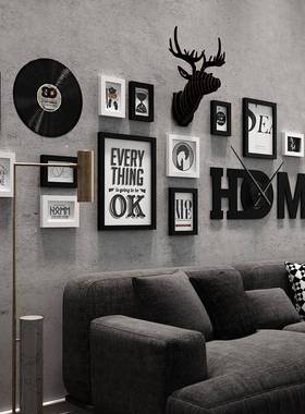 实木_7394_北欧实木客厅照片墙HOME大钟表组合相框真钟表可换相片