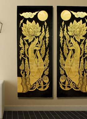 泰国佛手莲花金箔油画挂画东南亚泰式客厅走廊玄关入户墙面装饰画