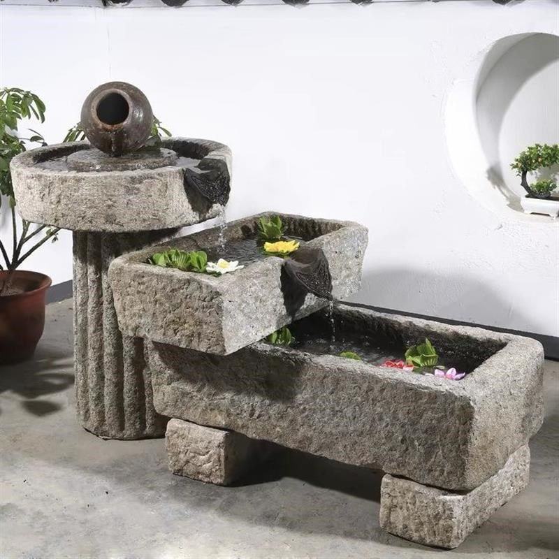 老旧石槽鱼缸鱼池造景石缸养鱼户外庭院石磨青石马槽流水景观摆件