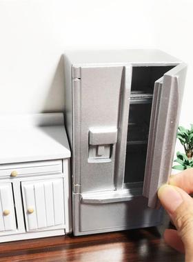 1：12迷你娃娃屋双门双层冰箱DOLLHOUSE仿真冰箱模型白色银灰色