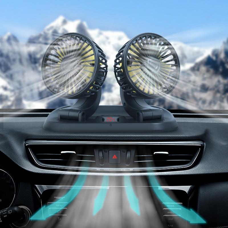 车载双头折叠风扇可旋转调节汽车电风扇创意车内遥控温度显示风扇