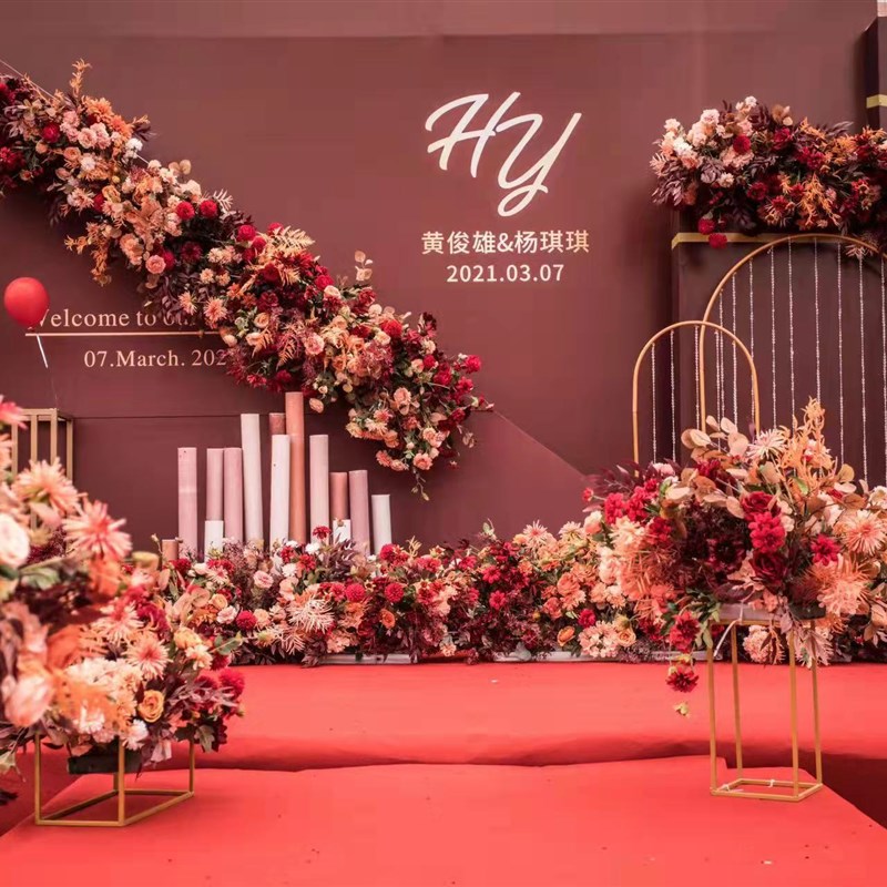 新款婚庆红色仿真l路引花排婚礼堂布置花排路引地排花户外中式花