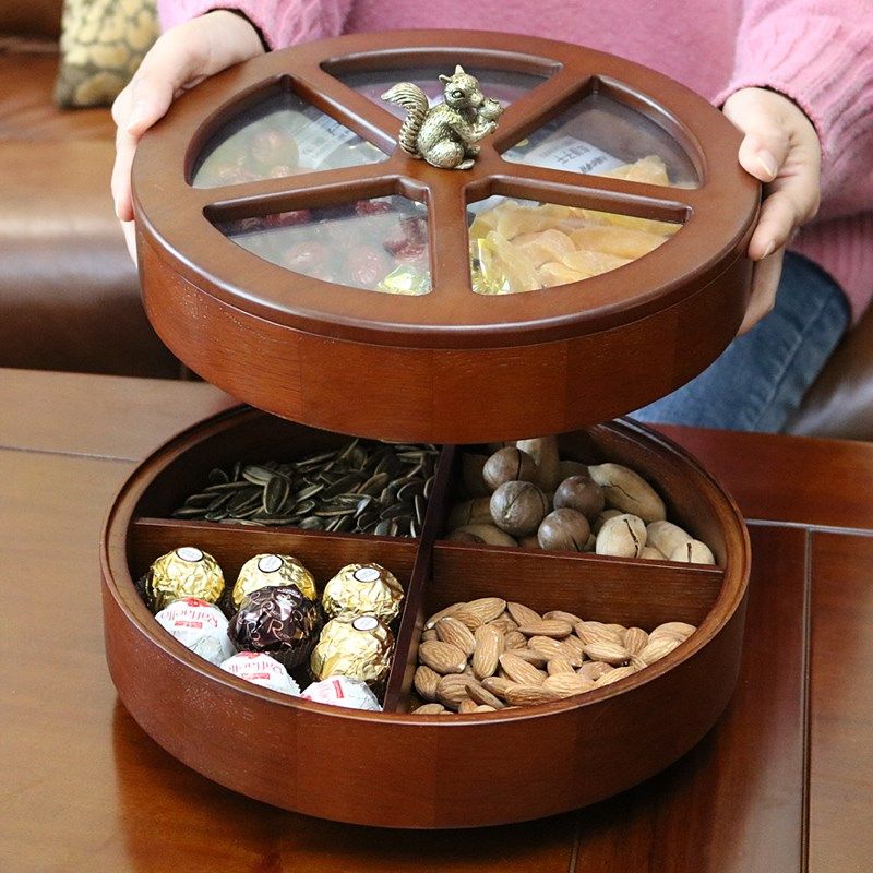 实木质干果盘糖果盒家用客厅双层瓜子点心水果盘零食分格收纳木盒