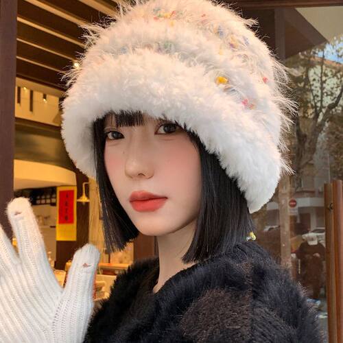 彩色小糖豆毛绒渔夫帽女秋冬季显脸小百搭毛线帽大头围帽子水桶帽
