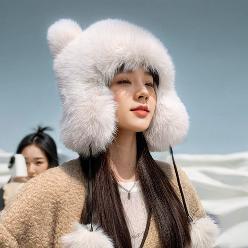 可爱尾巴毛绒雷锋帽子女秋冬季加厚保暖防寒显脸小护耳防寒冷帽潮