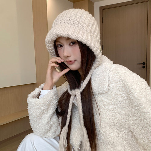 红色针织帽子女冬季雷锋帽大头围保暖护耳毛线帽加厚巴拉克拉法帽