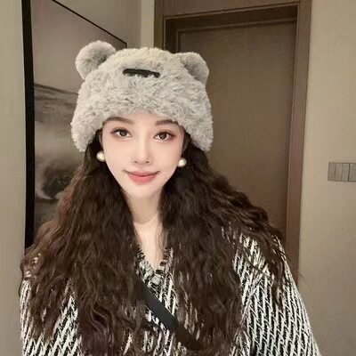 小熊毛绒针织帽子女秋冬保暖防皮草套头毛线帽显脸小甜美可爱盆帽