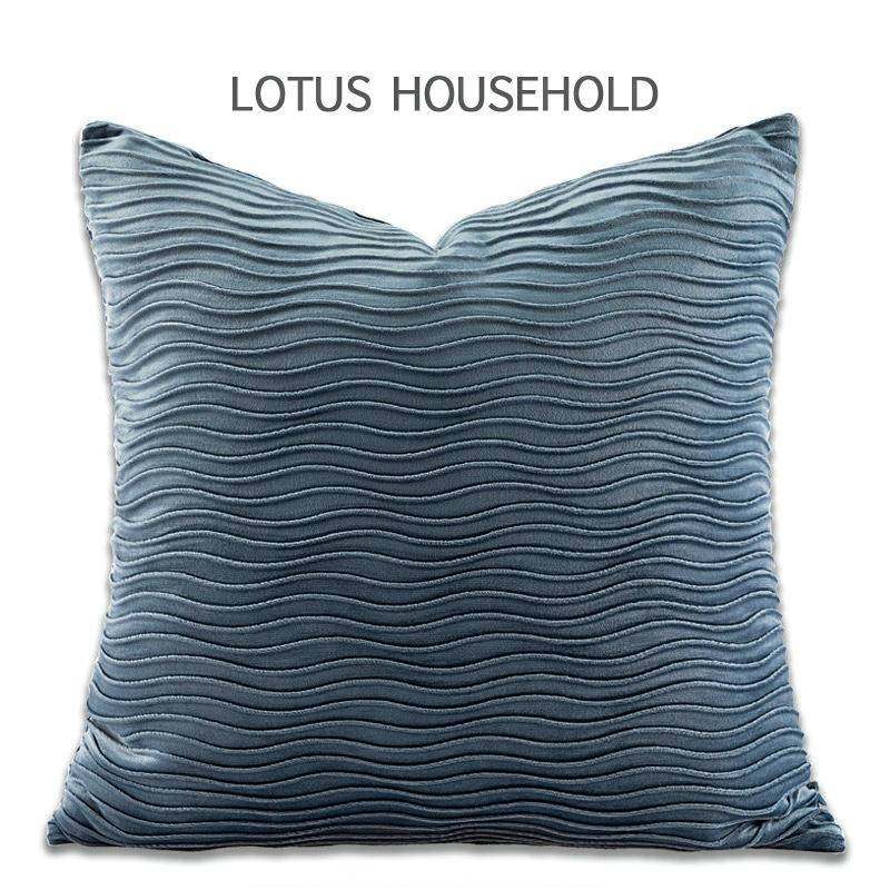 雾霾蓝水波纹绒面压褶抱枕套简欧风格现代轻奢灰蓝色沙发靠枕靠垫