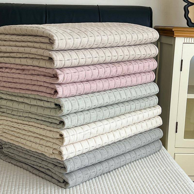 韩式双面纯色棉麻绗缝夹棉床盖四季可用榻榻米防滑床单软垫炕盖