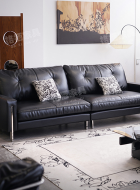 法式复古风真皮沙发客厅家用直排头层牛皮黑色侘寂风多人皮艺沙发