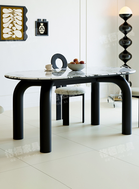 法式复古风实木餐桌椅组合餐厅小户型黑色椭圆形中古风岩板饭桌子