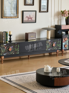 法式复古风全实木茶几电视柜组合客厅小户型南洋风白蜡木黑色地柜