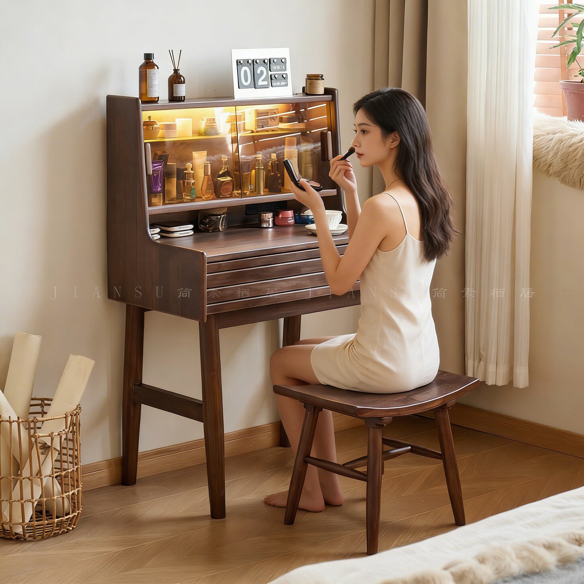 黑胡桃木全实木梳妆台卧室小户型复古化妆桌床头中古风书桌化妆台