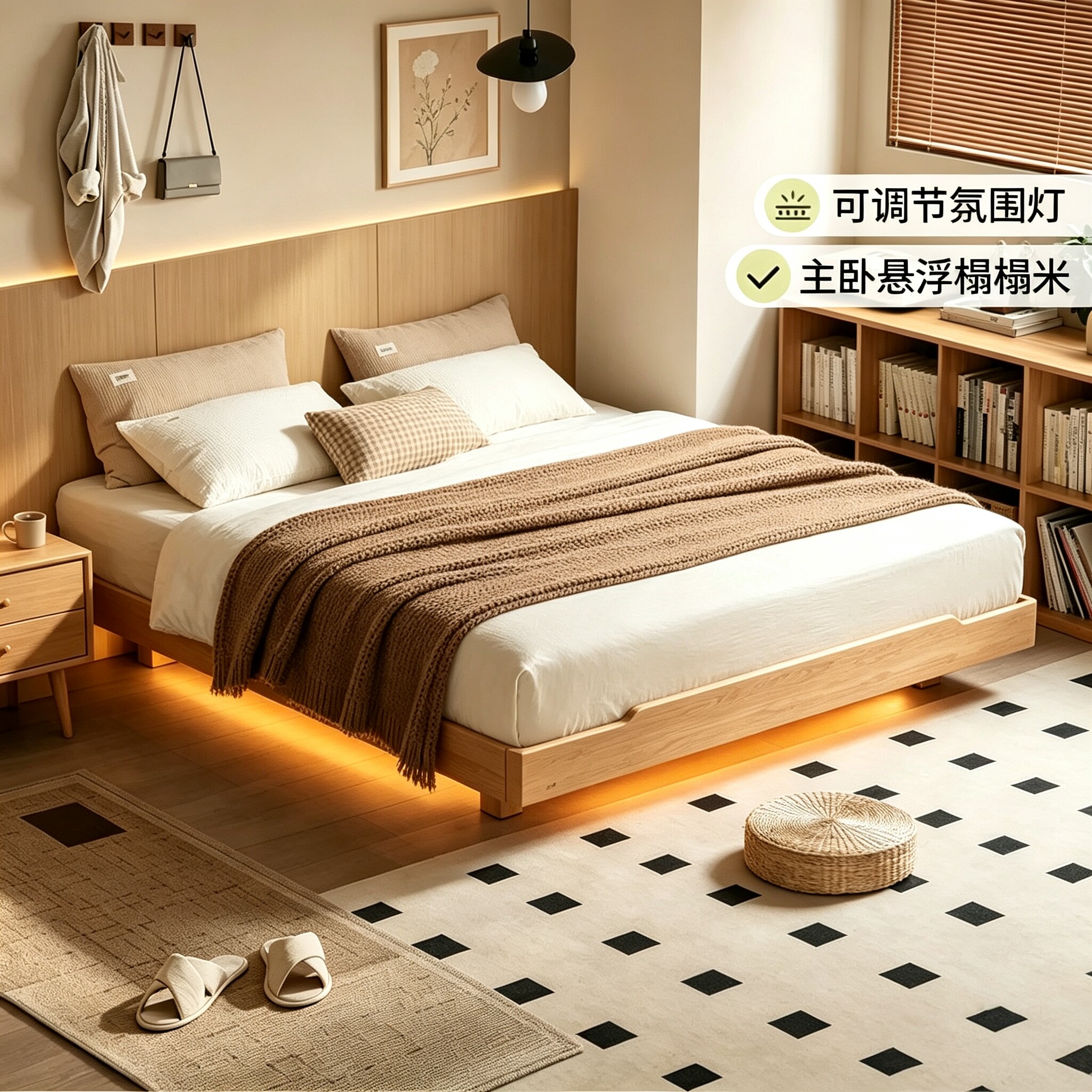 全实木无床头悬浮齐边榉木榻榻米床架日式现代简约小户型排骨架床图片