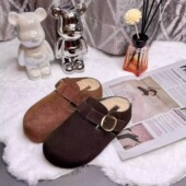 新款 复古厚底加绒勃肯拖鞋 女韩版 冬季 软皮包头懒人毛毛半拖鞋 外穿