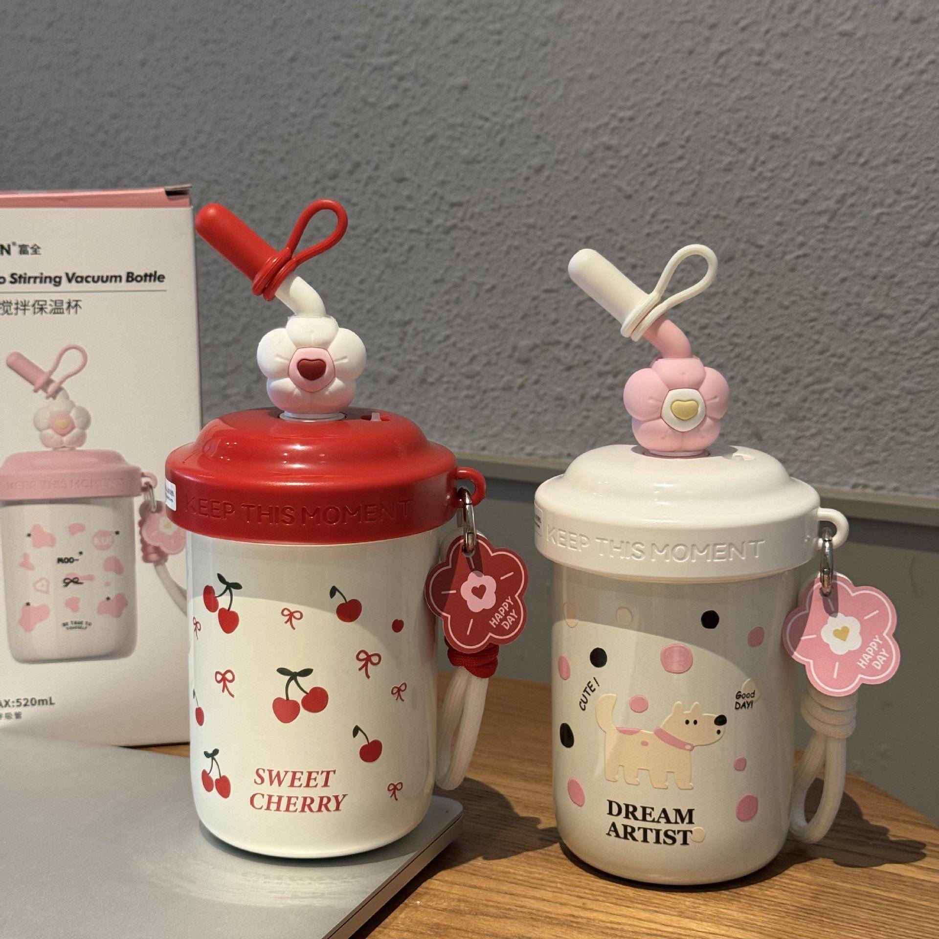 夏季高颜值搅拌杯米朵女生杯子办公室带吸管杯提绳便携家用保温杯