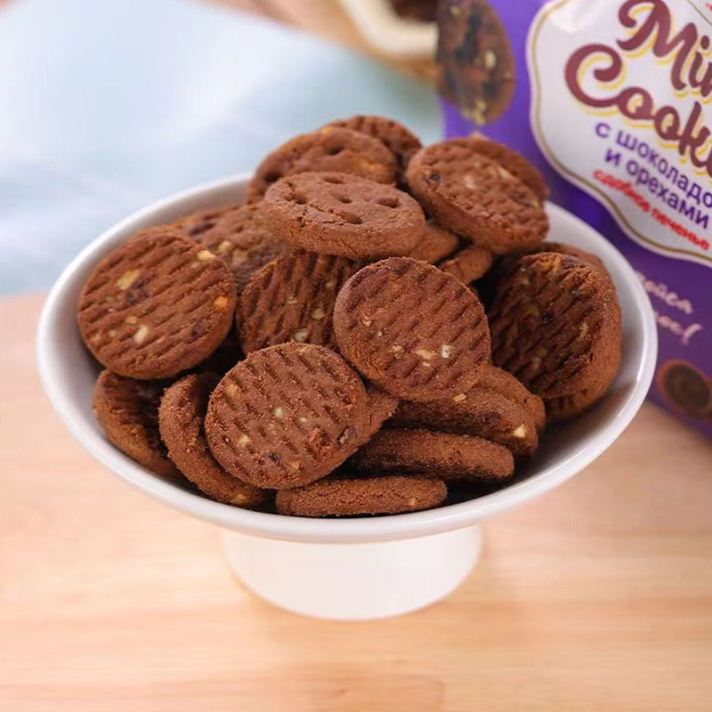 俄罗斯饼干原装进口斯拉贡牌黑巧克力坚果曲奇饼干彩豆味袋装零食