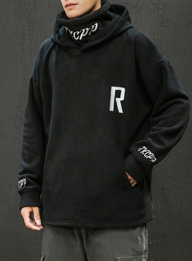 Runing X摇粒绒连帽外套男春秋2025新款纯色重磅大码宽松高领卫衣