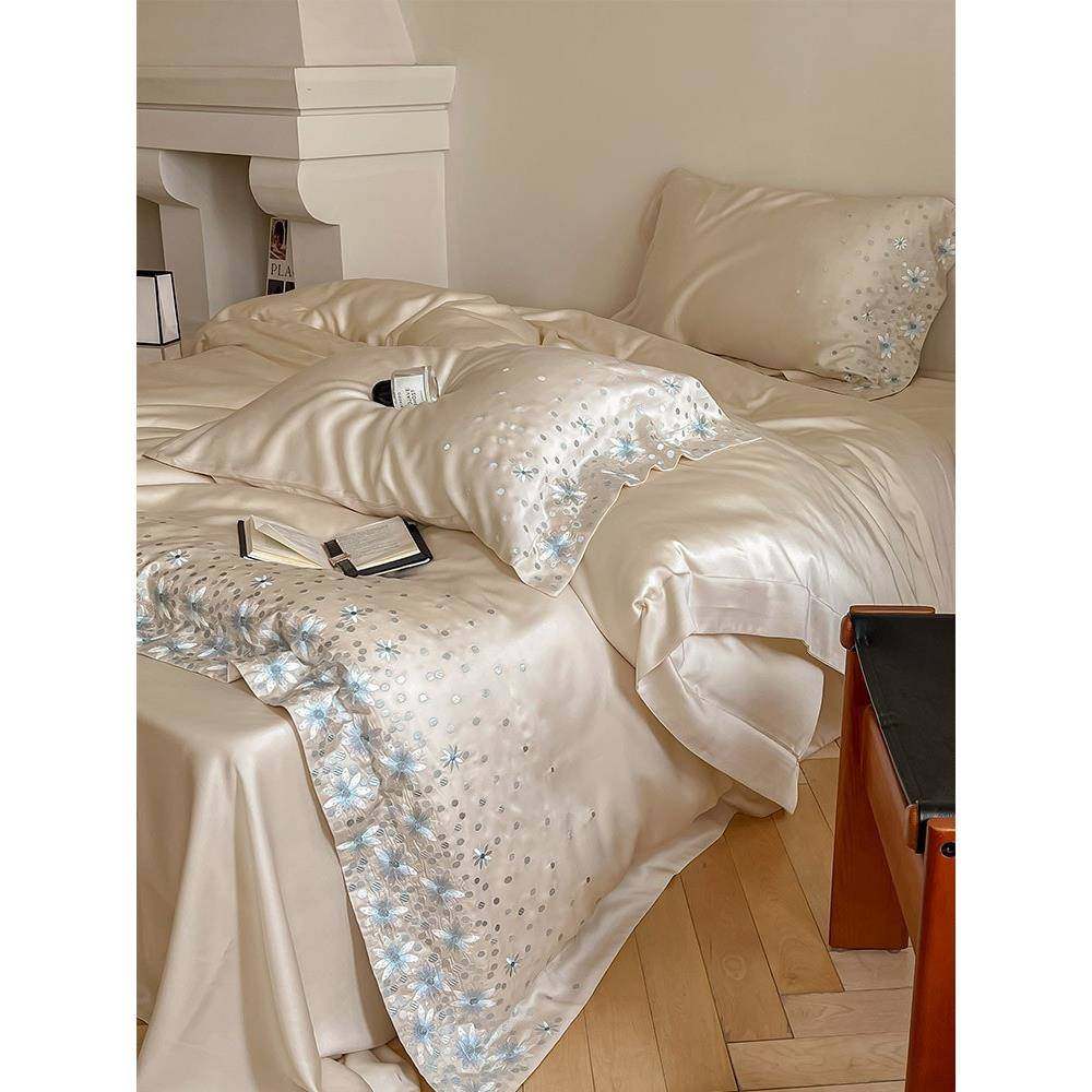 春夏季少女心凉感100支兰精莱赛尔四件套花卉刺绣丝滑被套1.8床