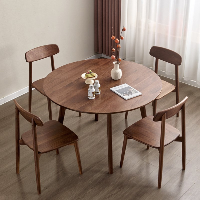 北美黑胡桃木圆形餐桌家用小户型新中式饭V桌樱桃木圆桌