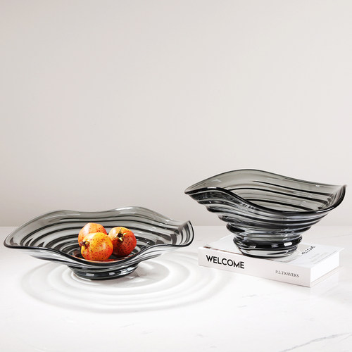 极简计纹厅术玻璃果盘摆件现代轻奢设波师款售楼处客艺收纳装饰品