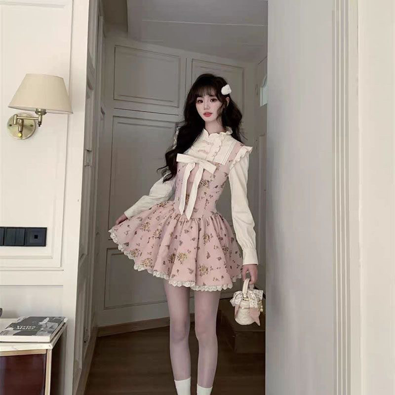 大码胖mm甜美复古蝴蝶结粉色碎花收腰连衣裙女秋冬显瘦公主蓬蓬裙