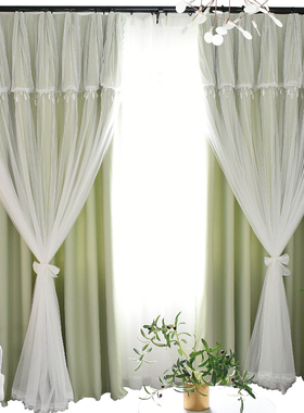 小清新绿色卧室窗帘遮光布料儿y童房女孩双层带纱客厅田园简约婚
