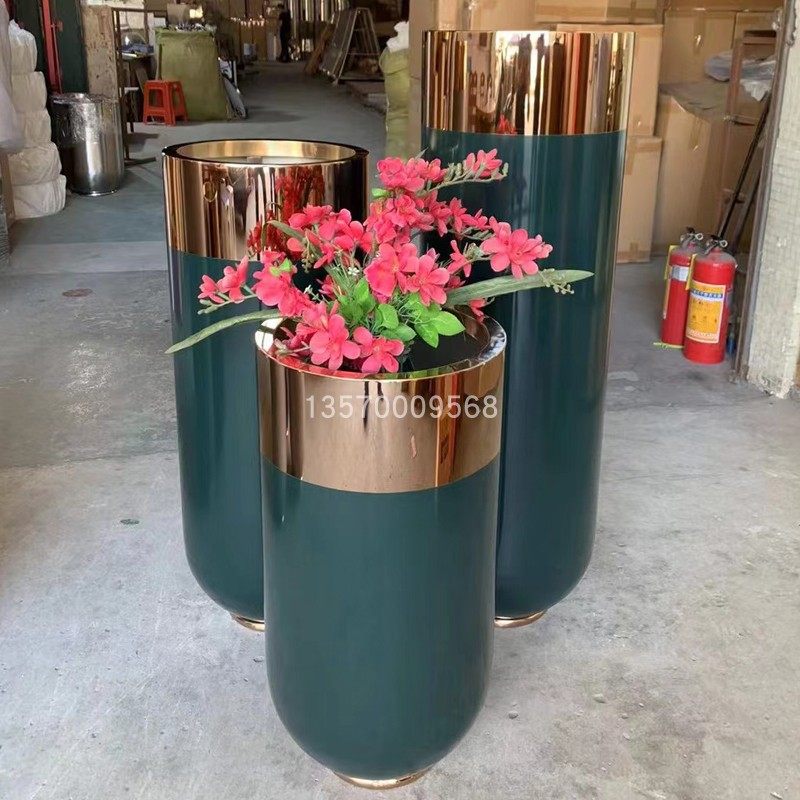 不锈钢花瓶 圆底形花钵 金属花器 电镀花盆烤漆落地多色花盆